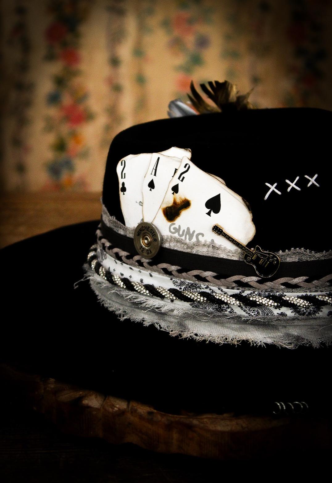 Custom black hat with playing cards and a braided band from Flea Style